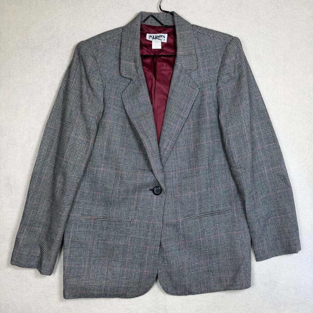 Vintage Nipon Studio Blazer Womens 12 Wool Glen Plaid Jacket Gray Red Check